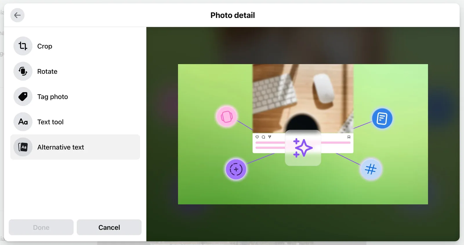 The Alternative text option in Facebook posts.