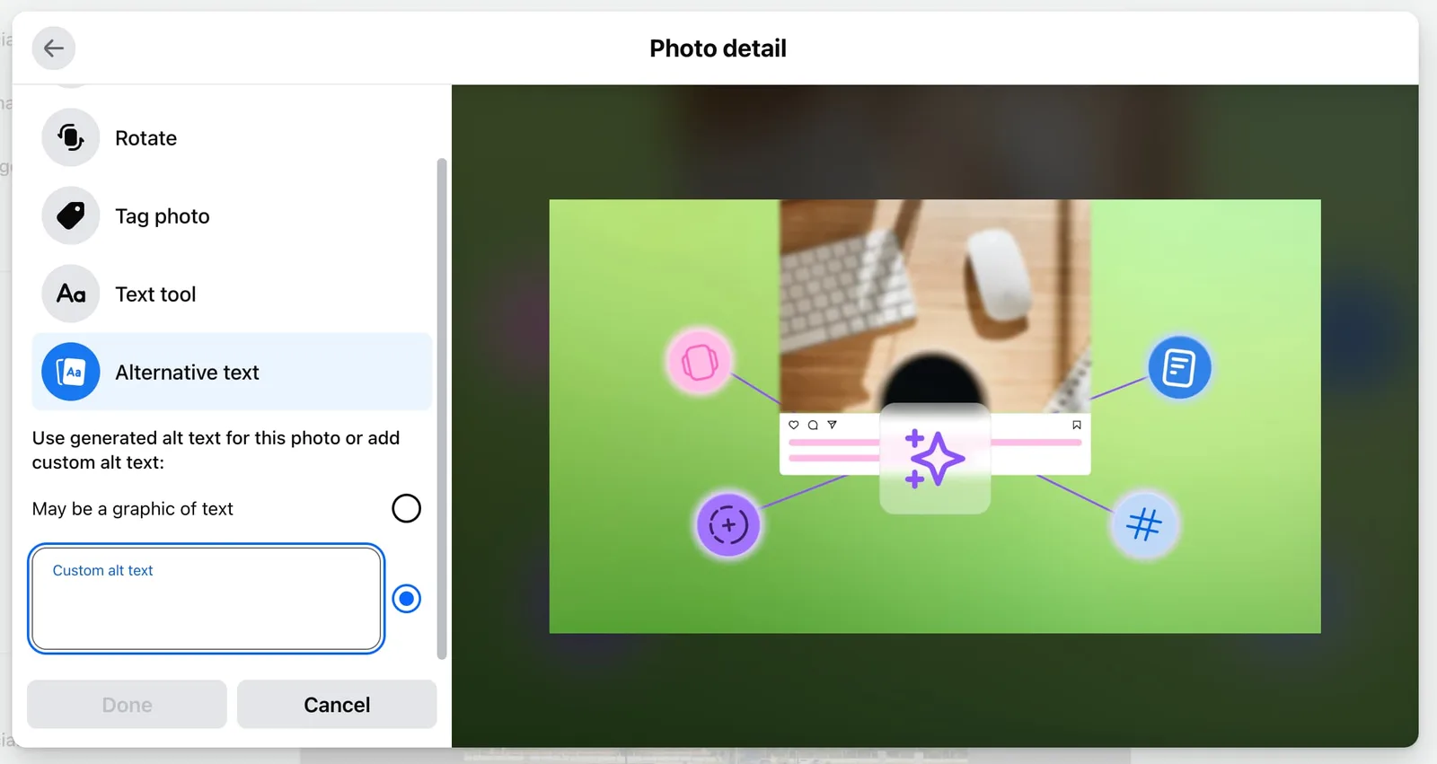 Where to add alt text on a Facebook post.