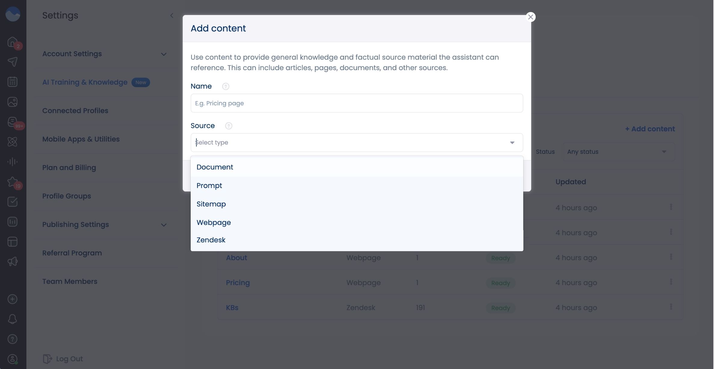 The menu where users can upload or paste in their brand data, and the different ways they can do so.