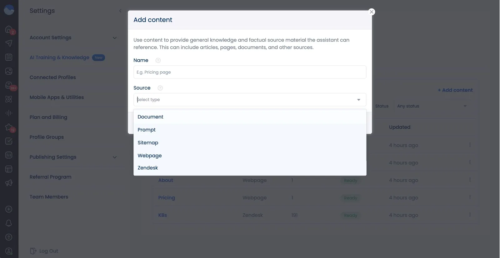The menu where users can upload or paste in their brand data, and the different ways they can do so.