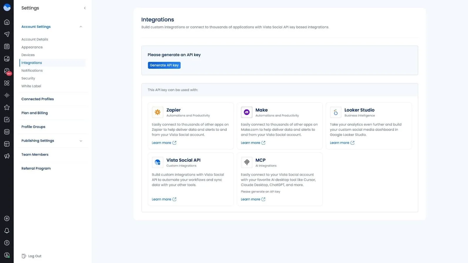 A screenshot of Vista Social's integration settings where the MCP key lives.