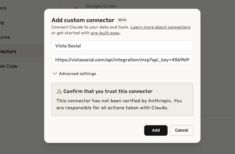 A screenshot of the "Add custom connector" screen in Claude.