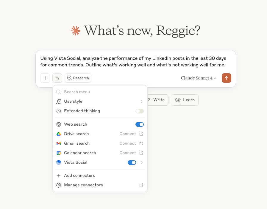 A screenshot of a Claude chat window open with a Vista Social command typed in.