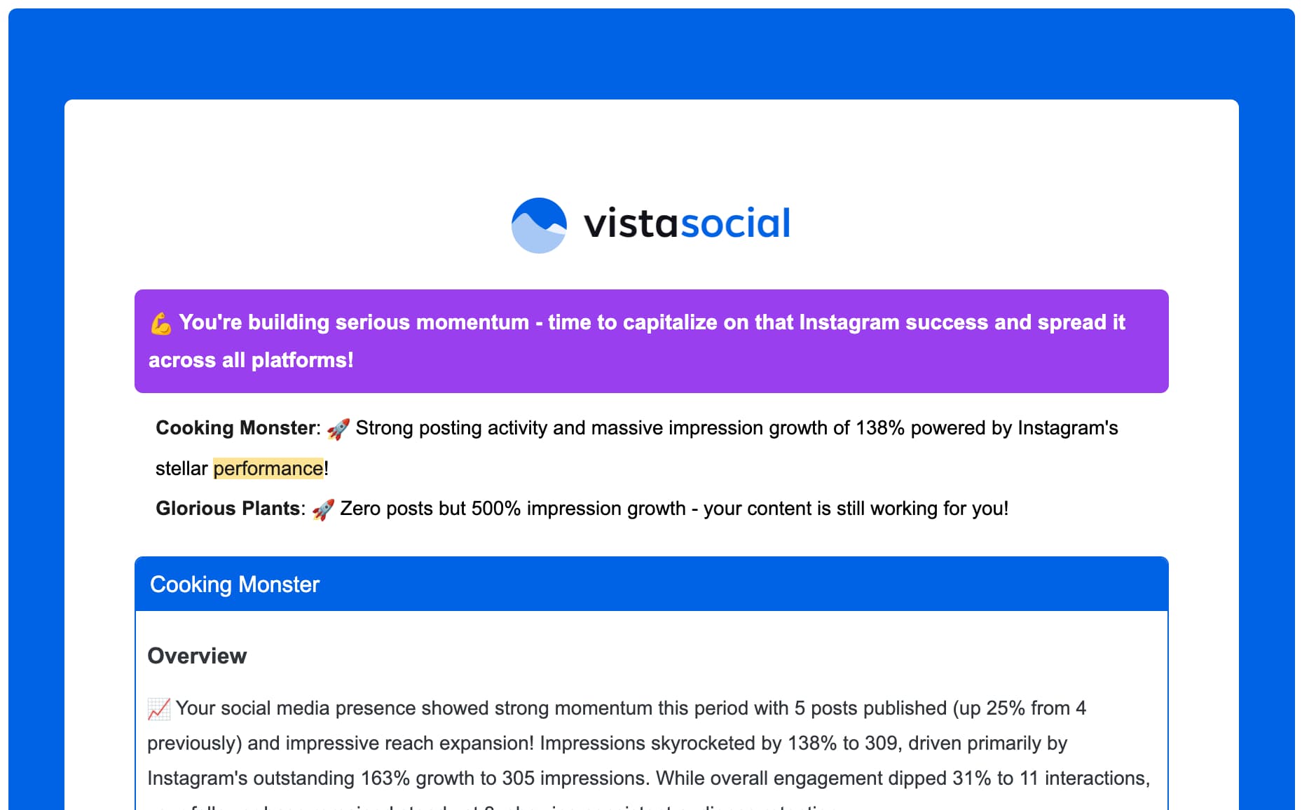 The weekly performance email Vista Social sends out with AI recommendations.