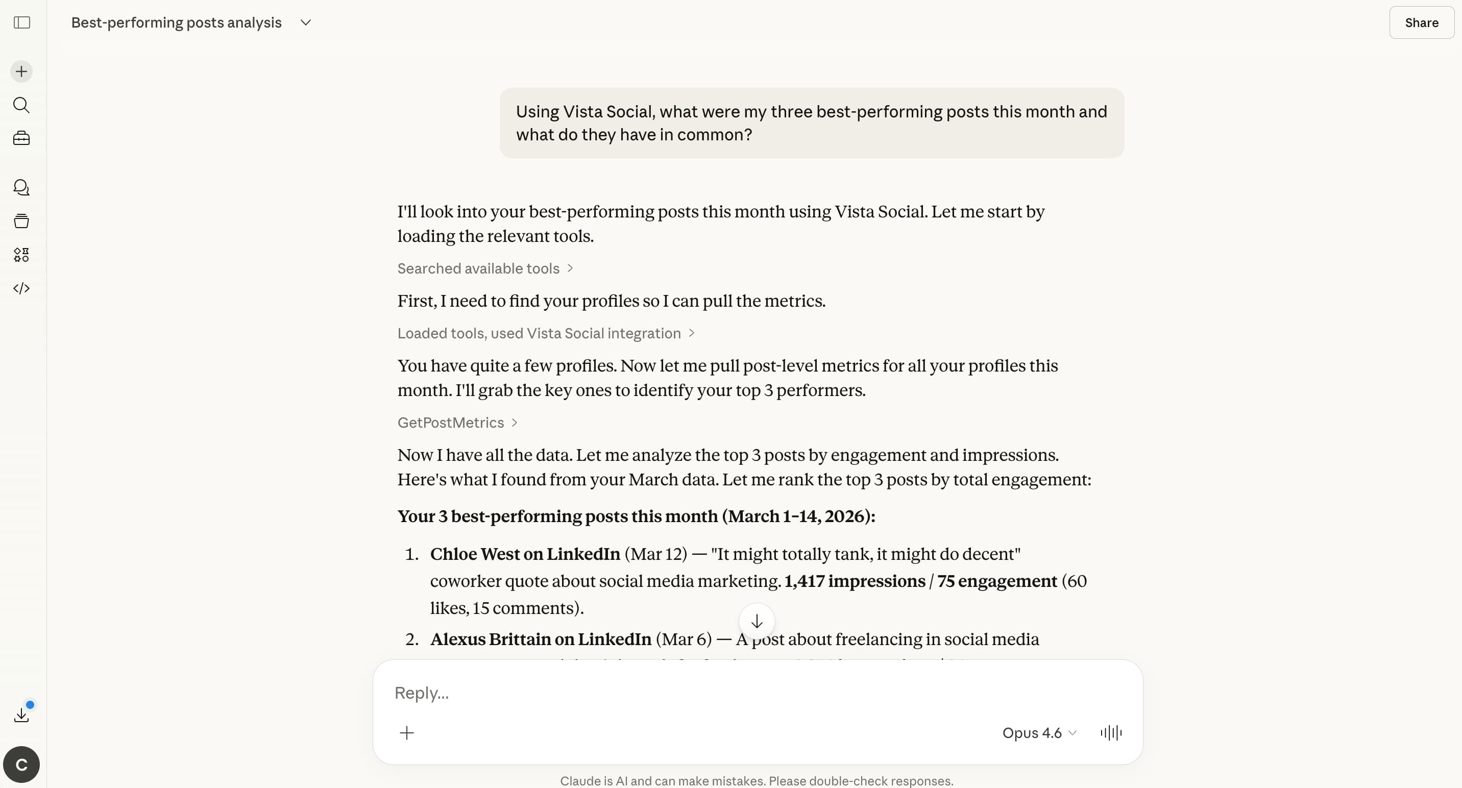 An AI analysis in Claude using the Vista Social x MCP integration.