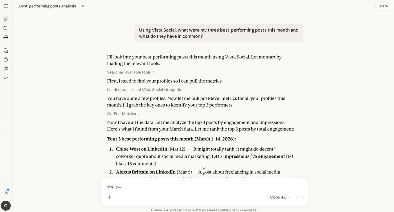 An AI analysis in Claude using the Vista Social x MCP integration.