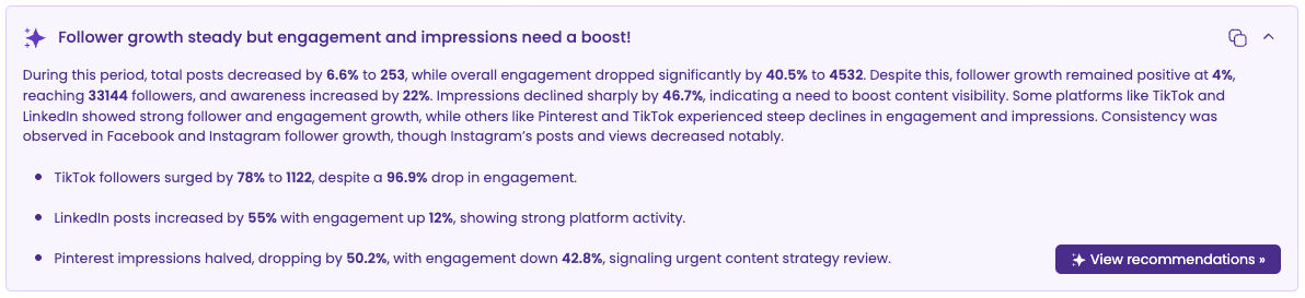 The cross-channel report AI summary available inside Vista Social.