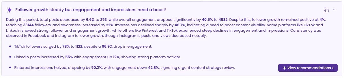 The cross-channel report AI summary available inside Vista Social.