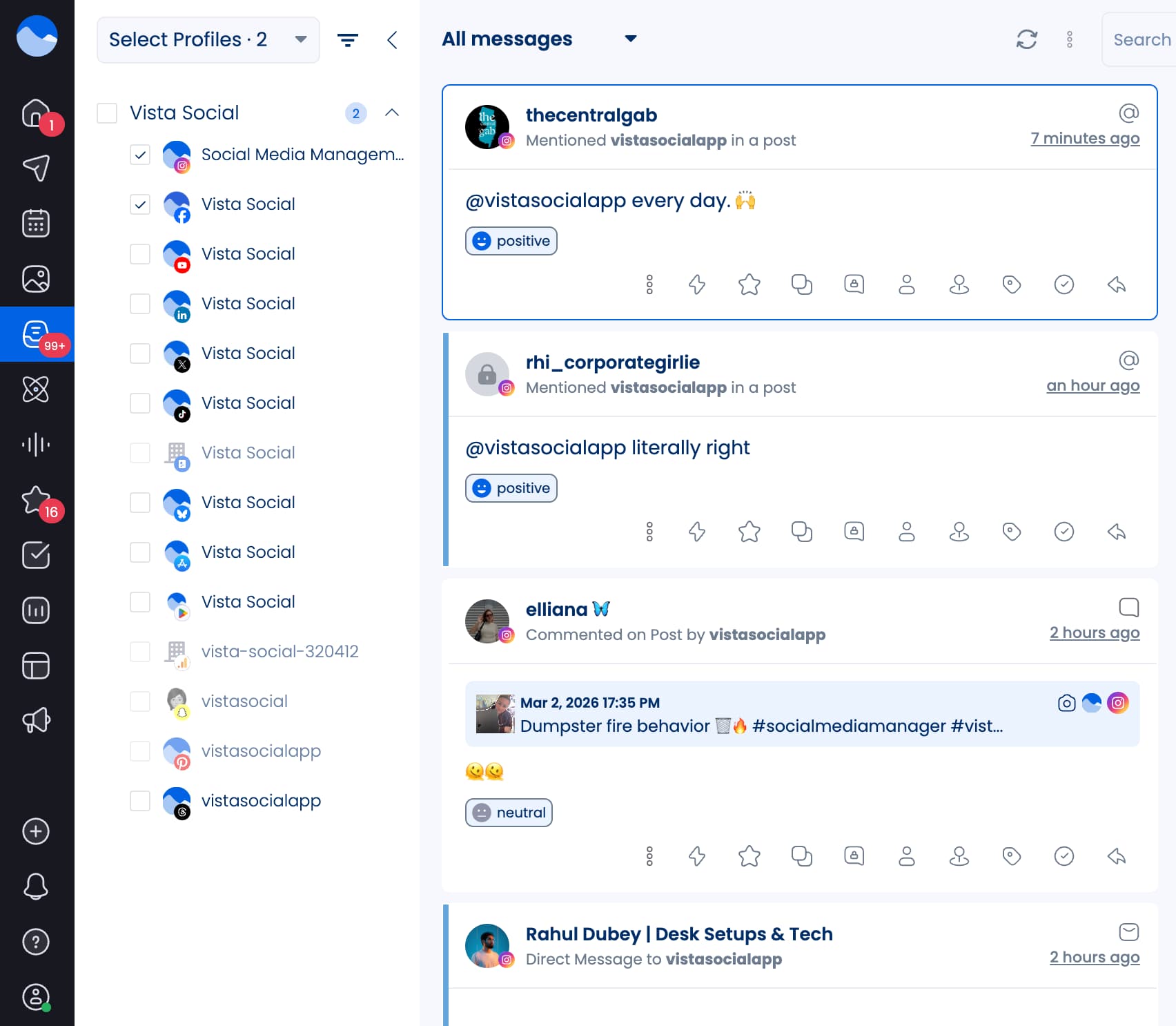 Sentiment analysis tags in Vista Social's unified inbox marking messages as positive, negative, or neutral.