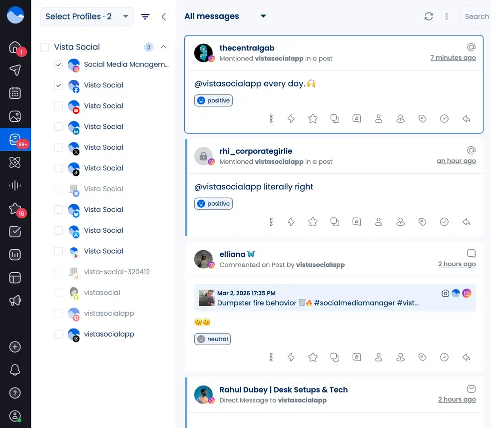 Sentiment analysis tags in Vista Social's unified inbox marking messages as positive, negative, or neutral.