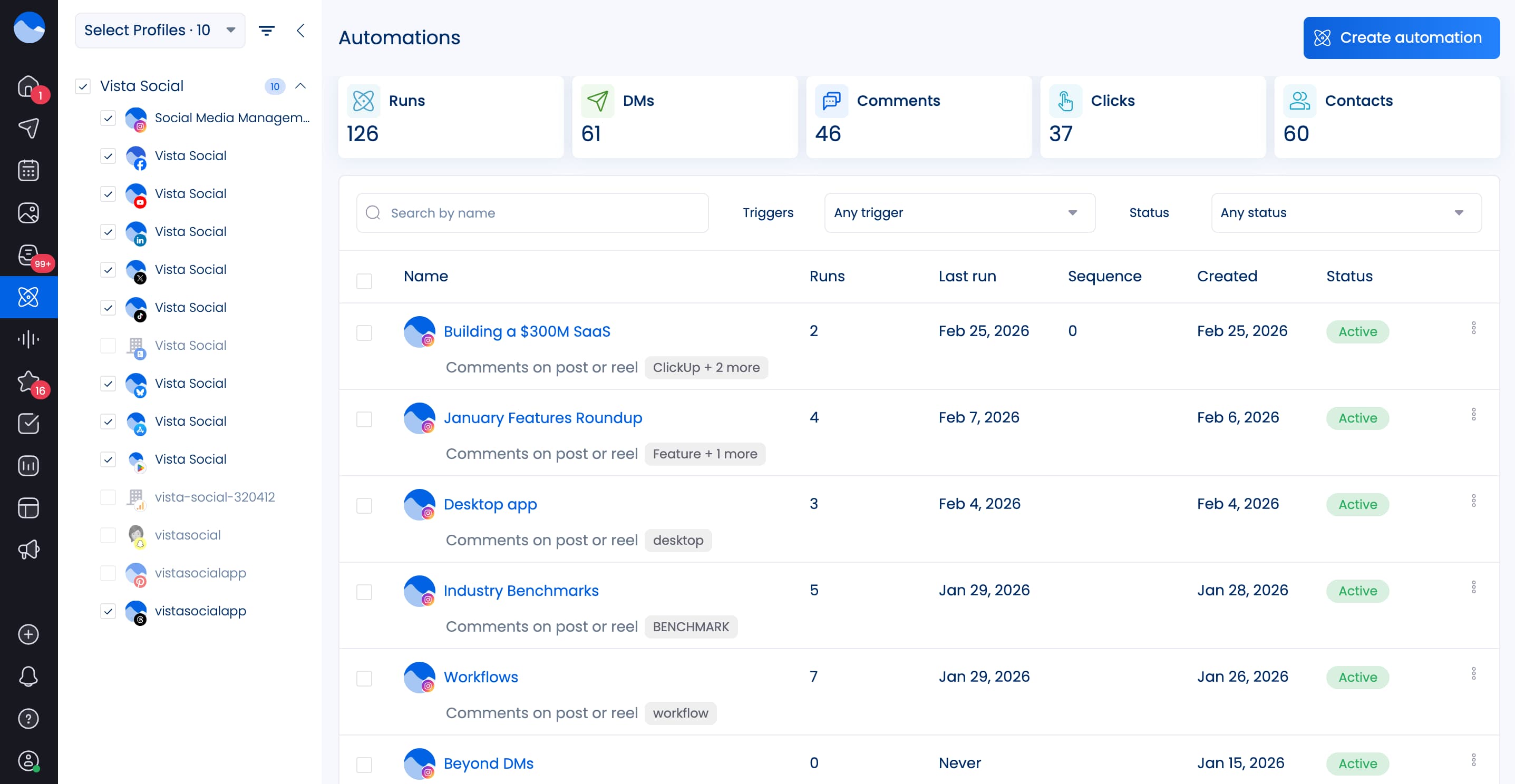 The automations tab in Vista Social where users can create new automations and see existing setups.