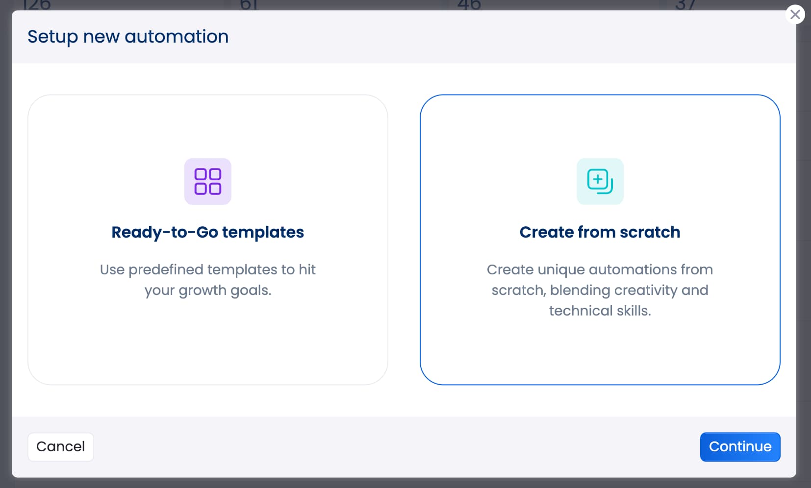 The pop-up window in Vista Social's automation setup that lets users choose between existing templates and creating a new automation from scratch. The "Create from scratch" option is selected.
