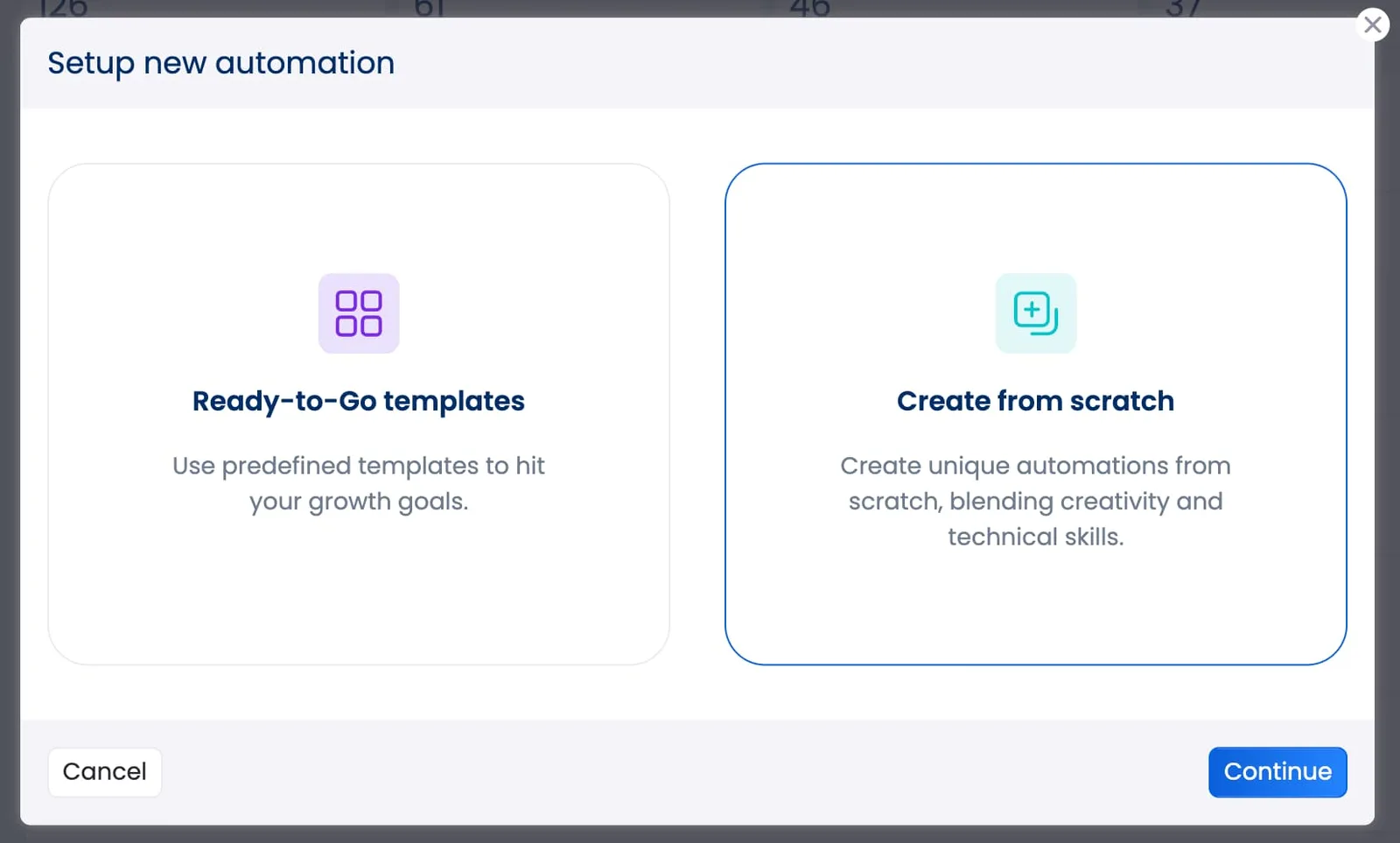 The pop-up window in Vista Social's automation setup that lets users choose between existing templates and creating a new automation from scratch. The "Create from scratch" option is selected.