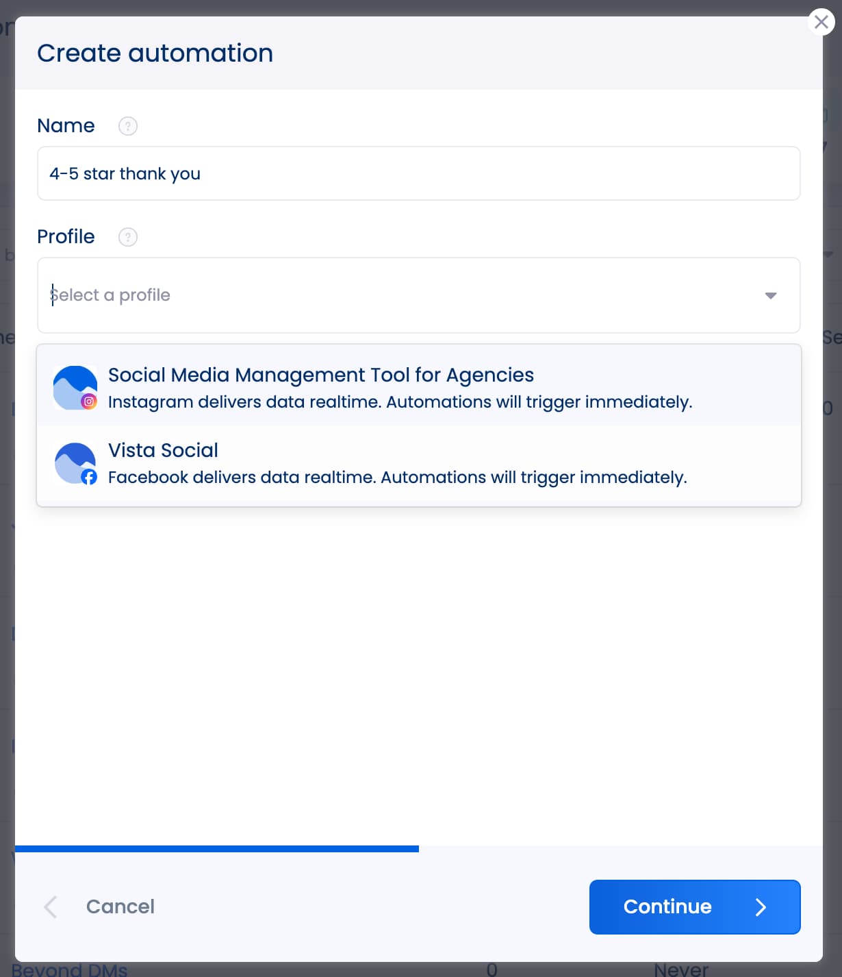 The window in Vista Social's automation setup that lets users input a name (4-5 star thank you in this instance) plus select the social media platform this automation should run on.
