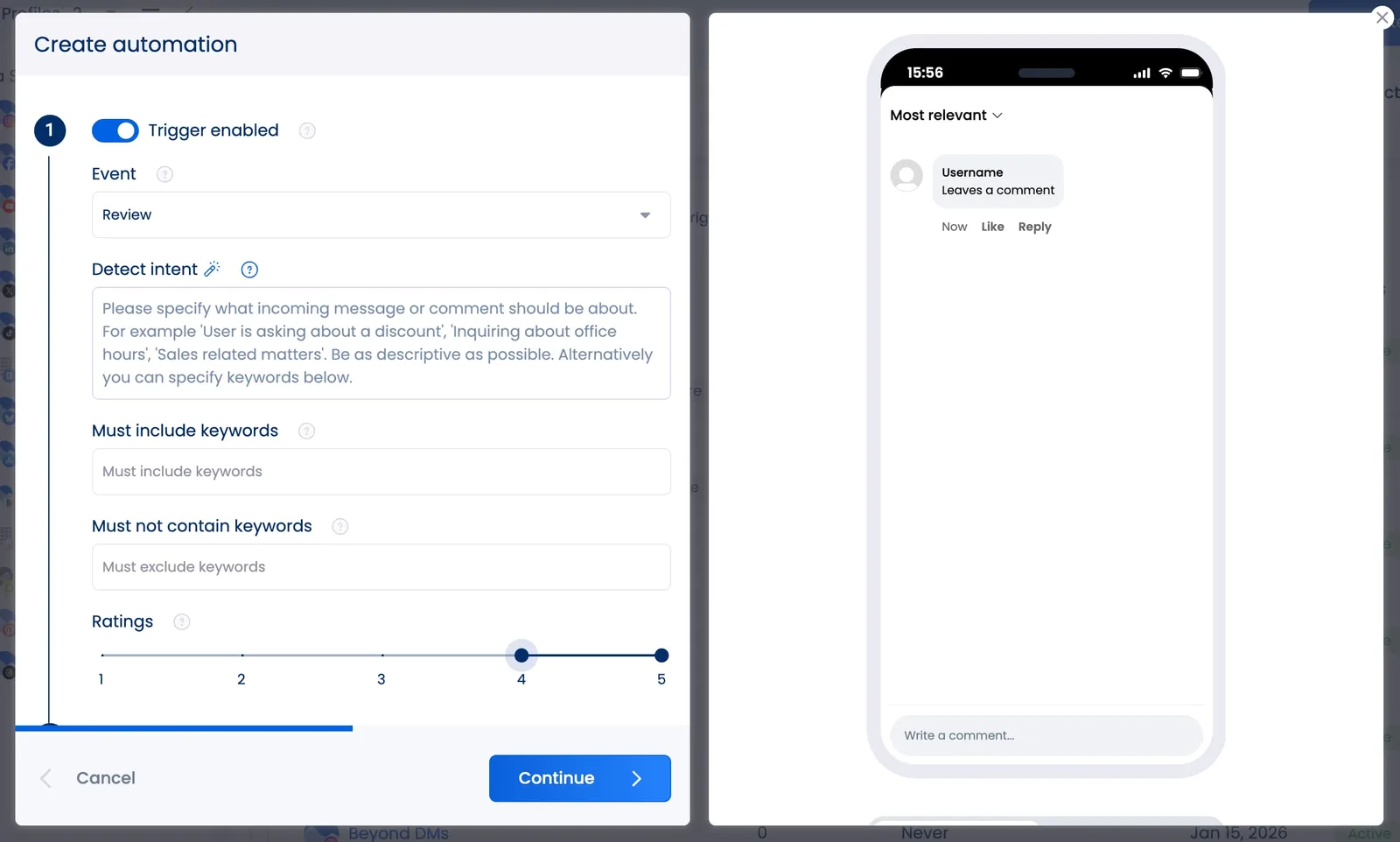 The window in Vista Social's automation setup that lets users choose their trigger action. In this instance, it's a 4-5 star review.