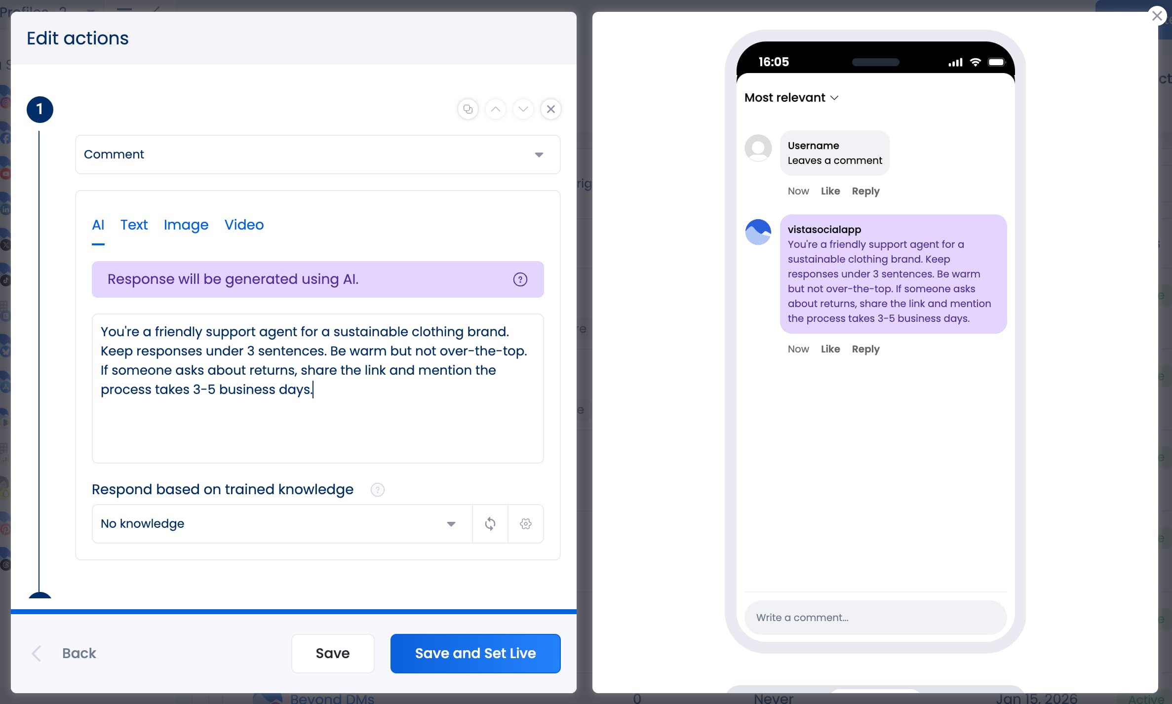 Vista Social's AI response generator open in the automation setup window with a clear prompt for how to respond to DMs.