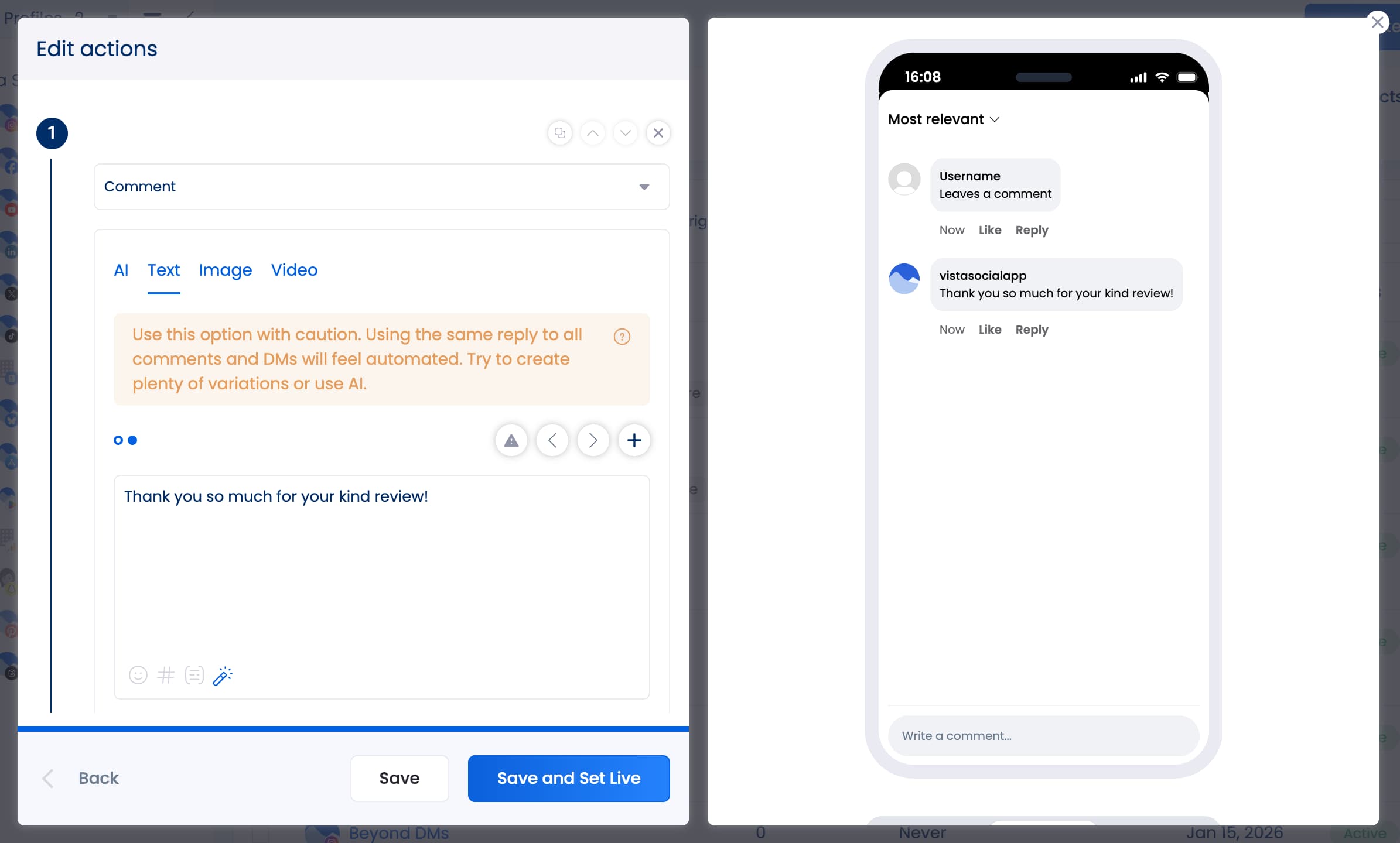 The automation setup window where users can input different text variations that the automation can send in response.
