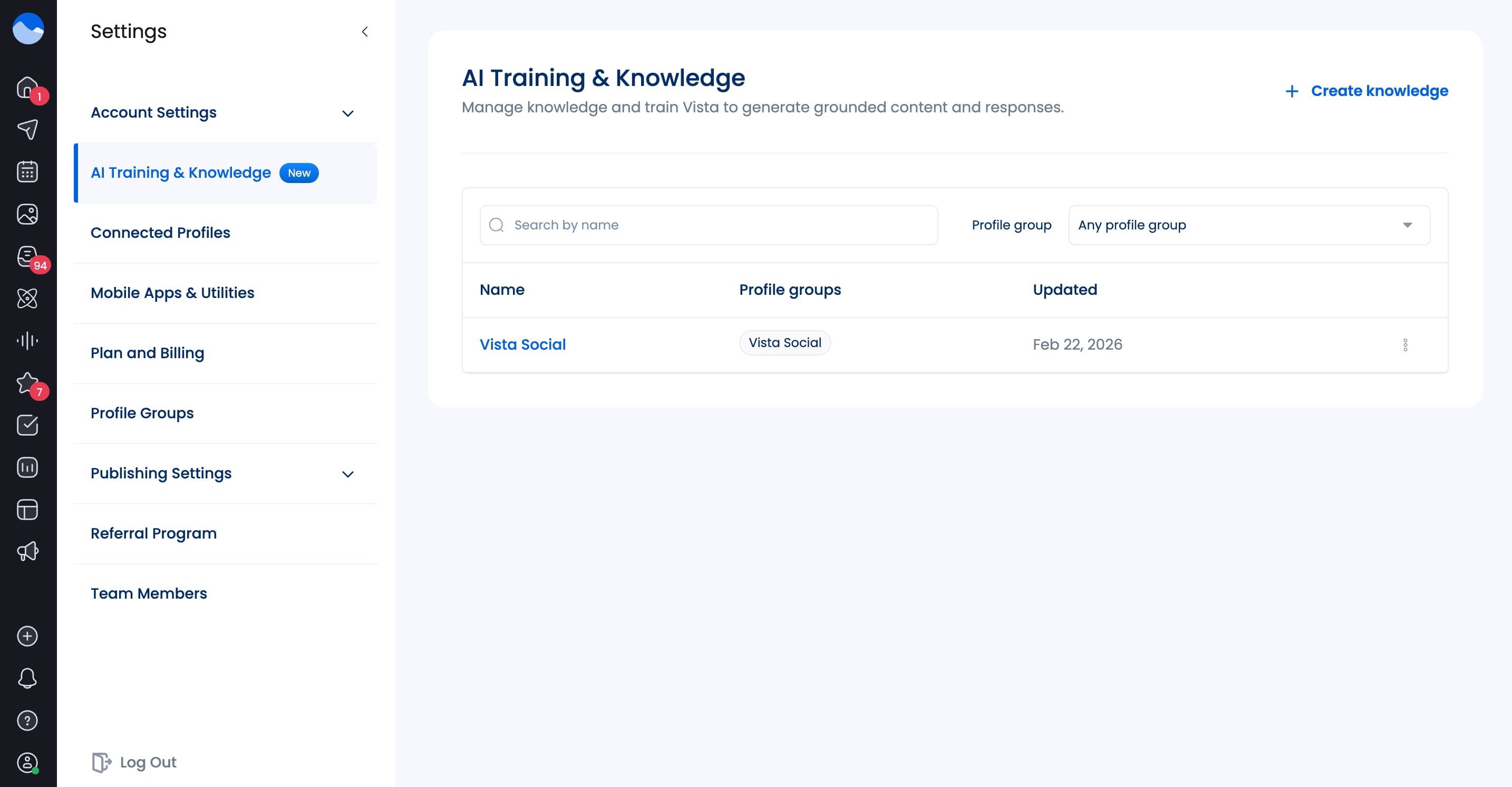 Vista Social's AI Knowledge & Training settings where users can upload documents and other information to inform the AI assistant of its product.