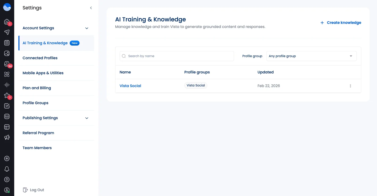 Vista Social's AI Knowledge & Training settings where users can upload documents and other information to inform the AI assistant of its product.