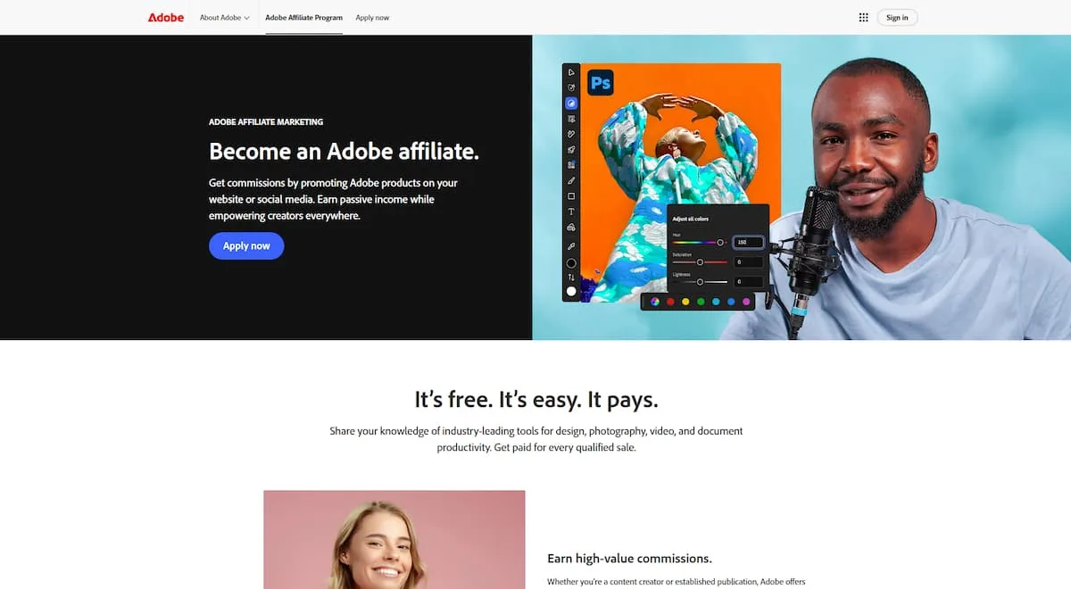 Adobe's affiliate program details page.
