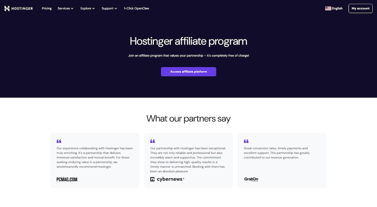 Hostinger's affiliate program details page.