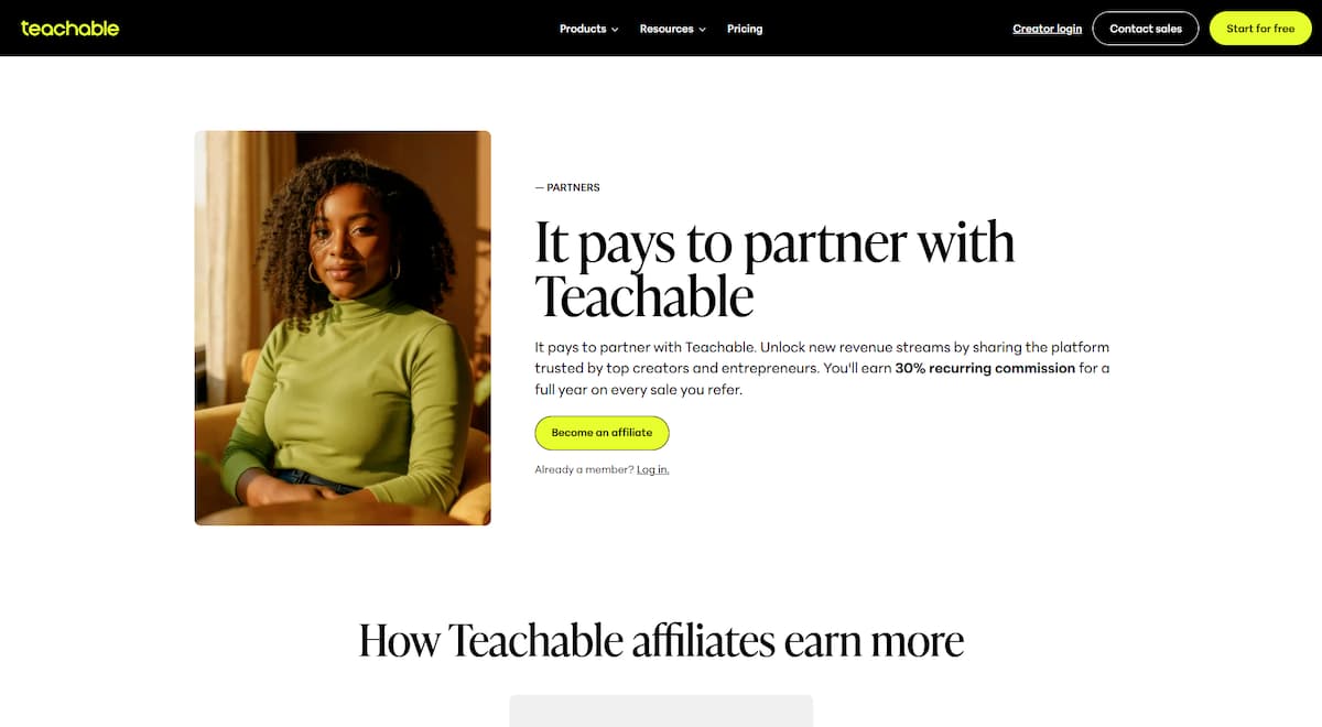Teachable's affiliate program details page.