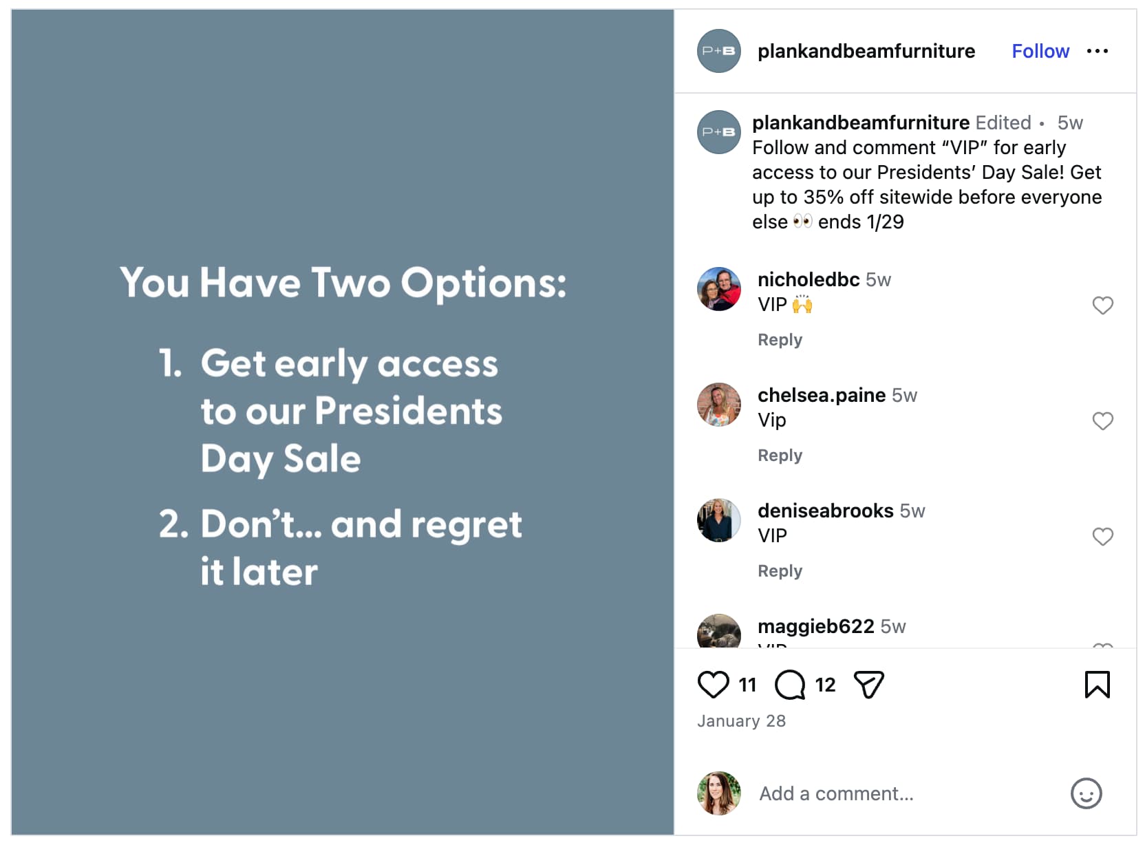 An Instagram post from a furniture store that says "Comment VIP for early access to our President's Day sale" in the caption.