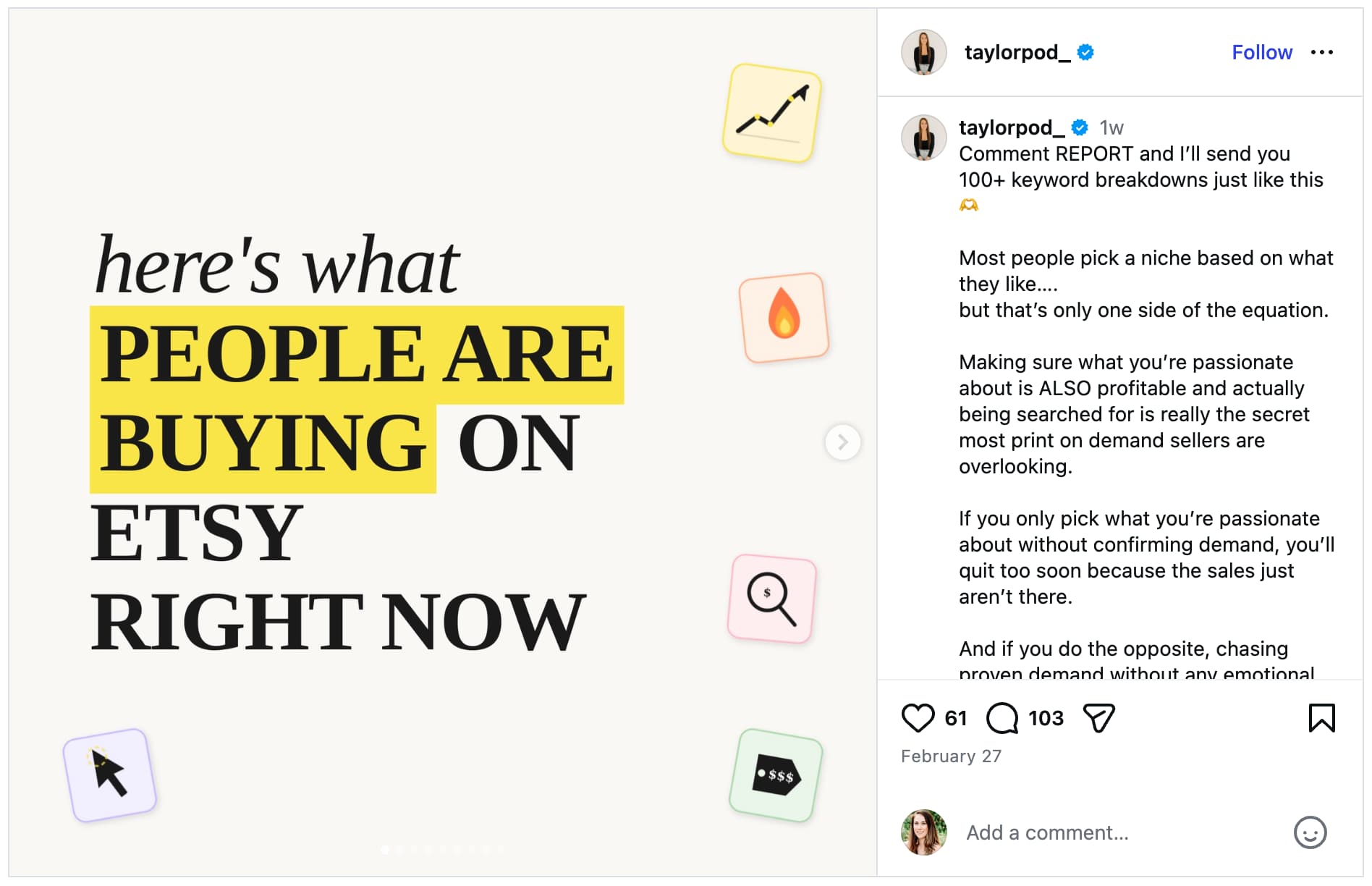 An Instagram post from a print-on-demand creator sharing a report with keywords Etsy buyers use.