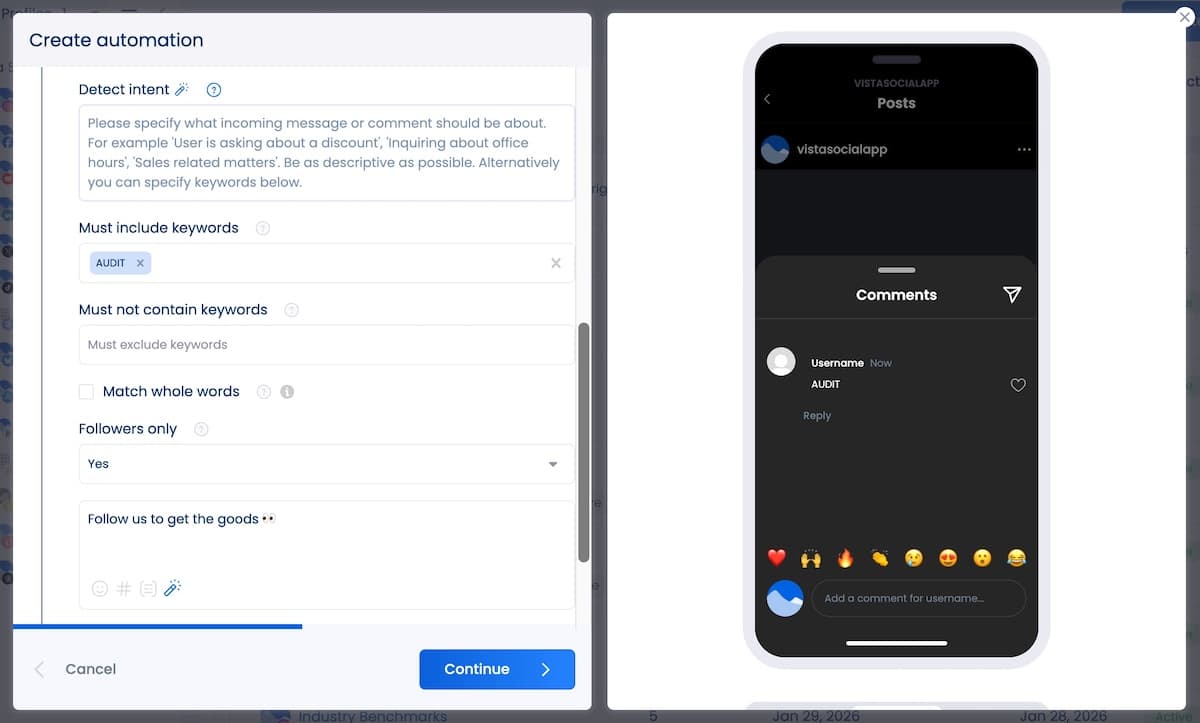 The Vista Social automations interface where you can turn on "followers only" for certain automations on Instagram.