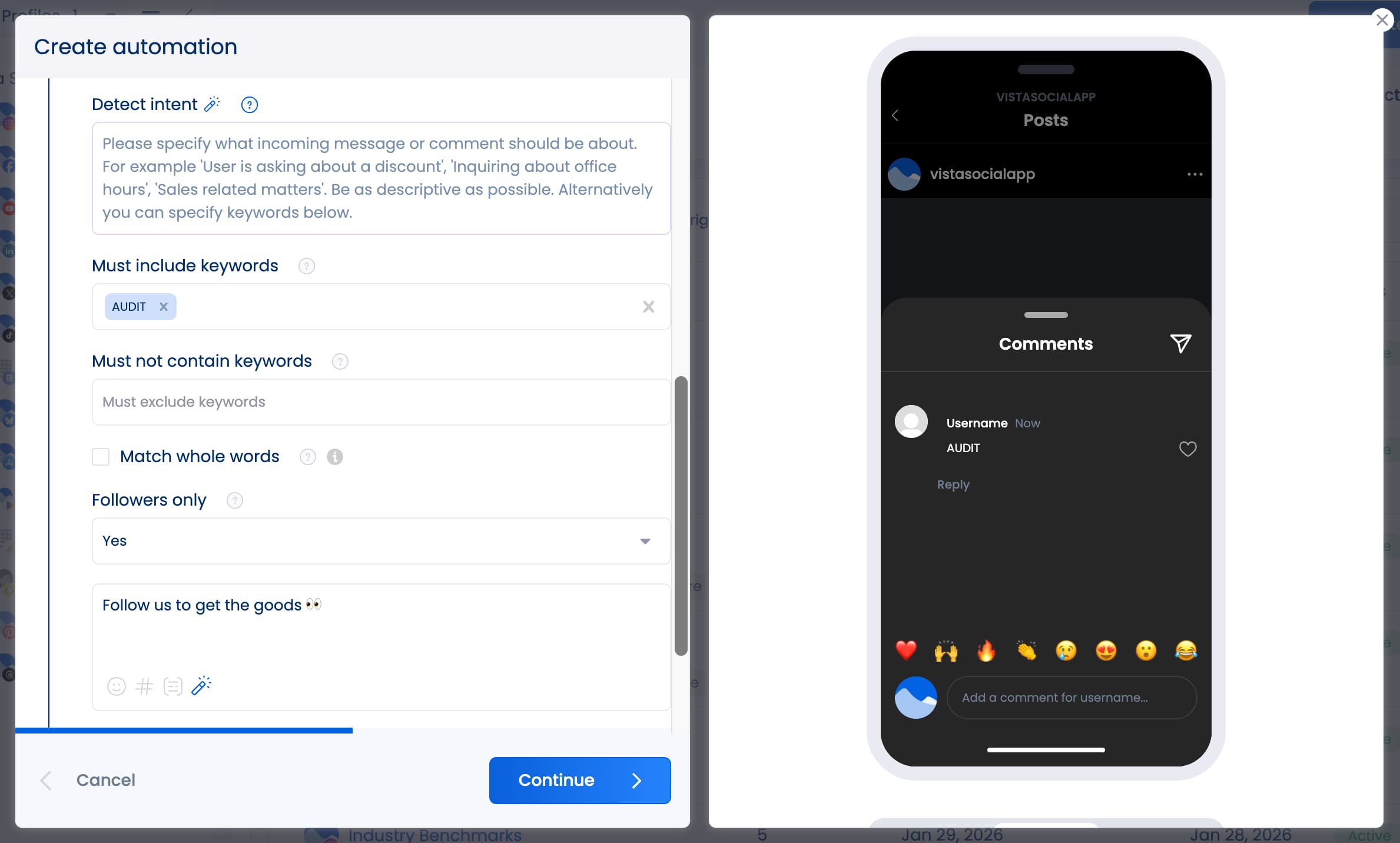 The Vista Social automations interface where you can turn on "followers only" for certain automations on Instagram.