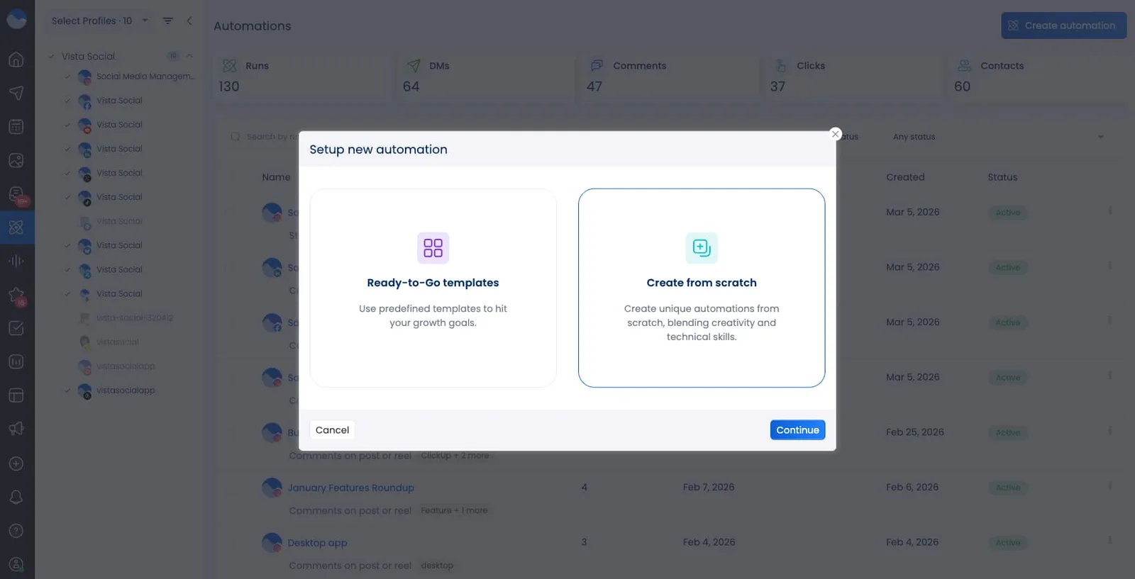 The DM automation pop-up in Vista Social that asks if a user wants to use a template or create from scratch.