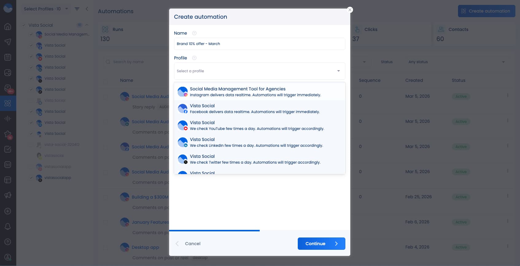 The dropdown menu in Vista Social DM automations where you select the profile you want your automation to run on.