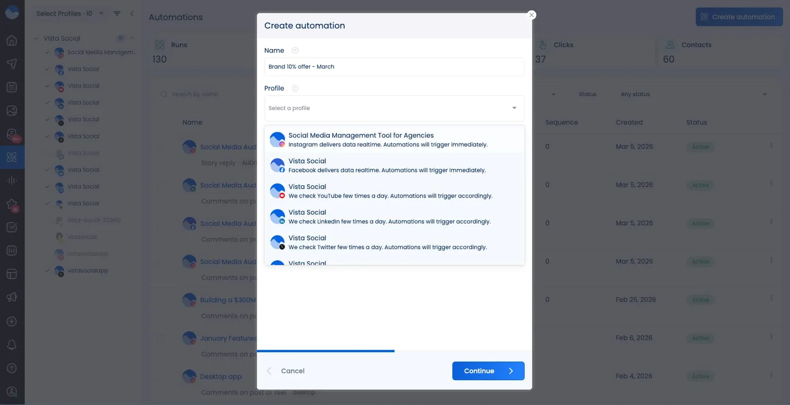 The dropdown menu in Vista Social DM automations where you select the profile you want your automation to run on.