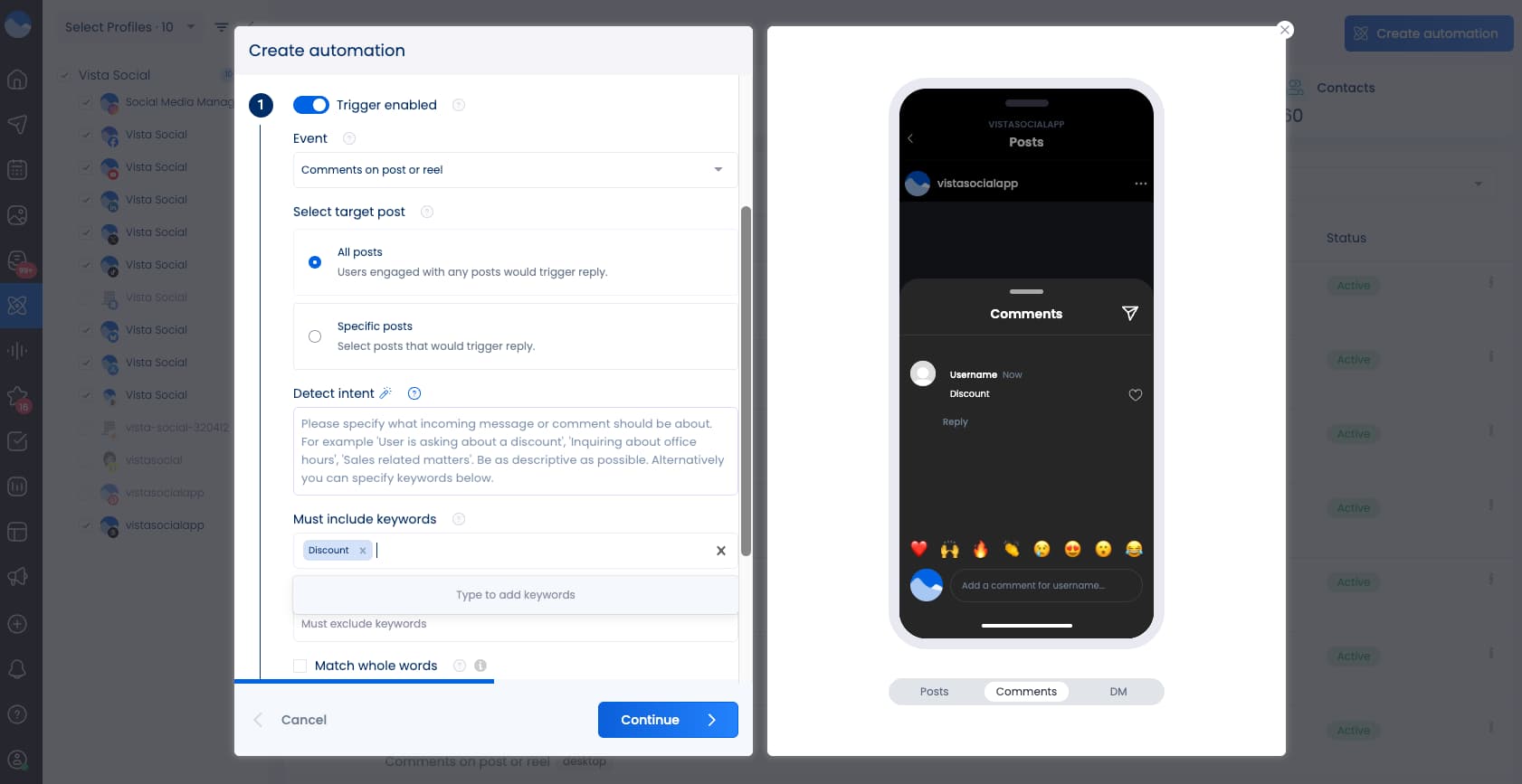 Where to input your trigger keyword for a Vista Social DM automation.