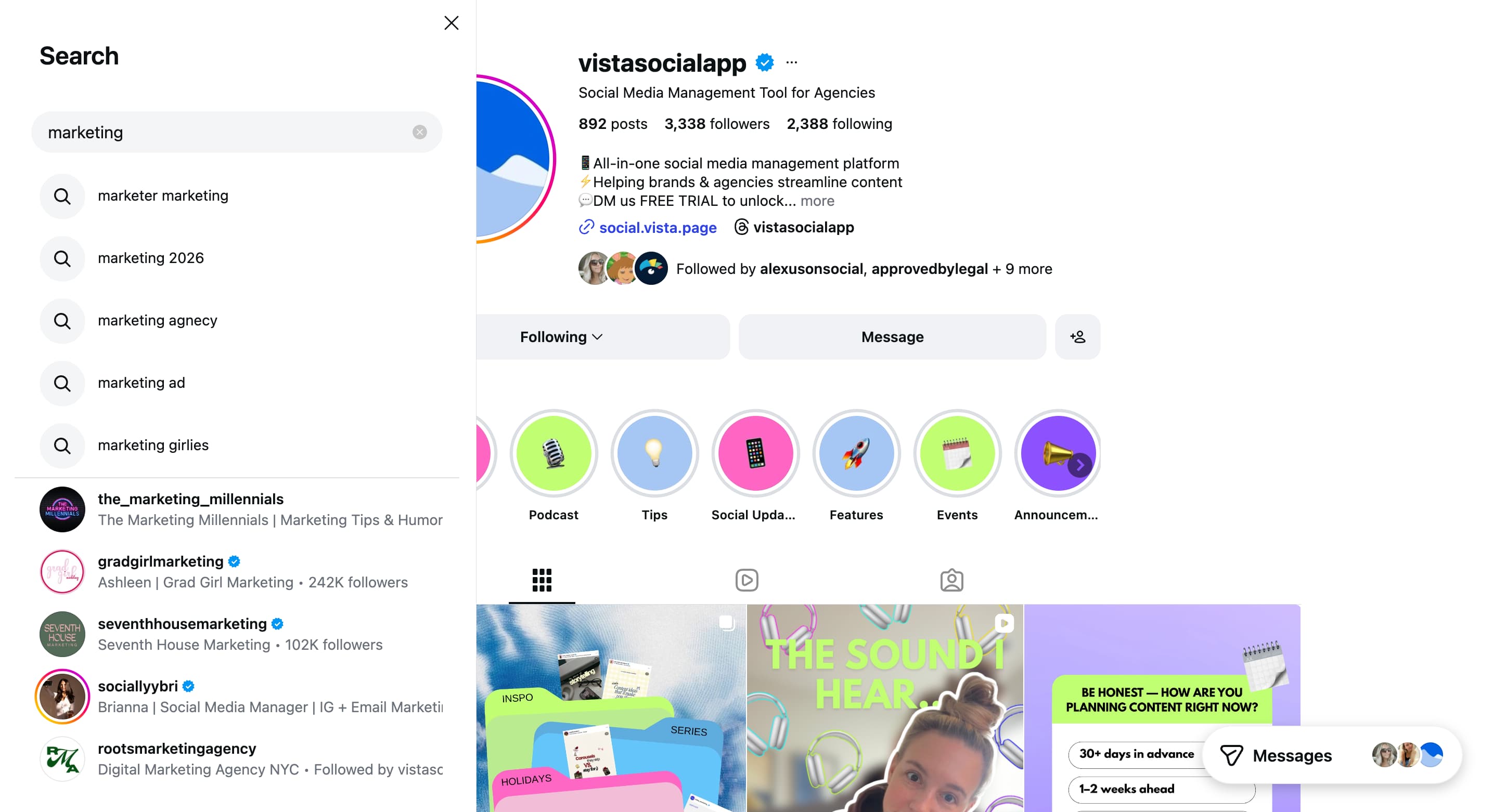 A screenshot of the search for "marketing" on Instagram desktop.