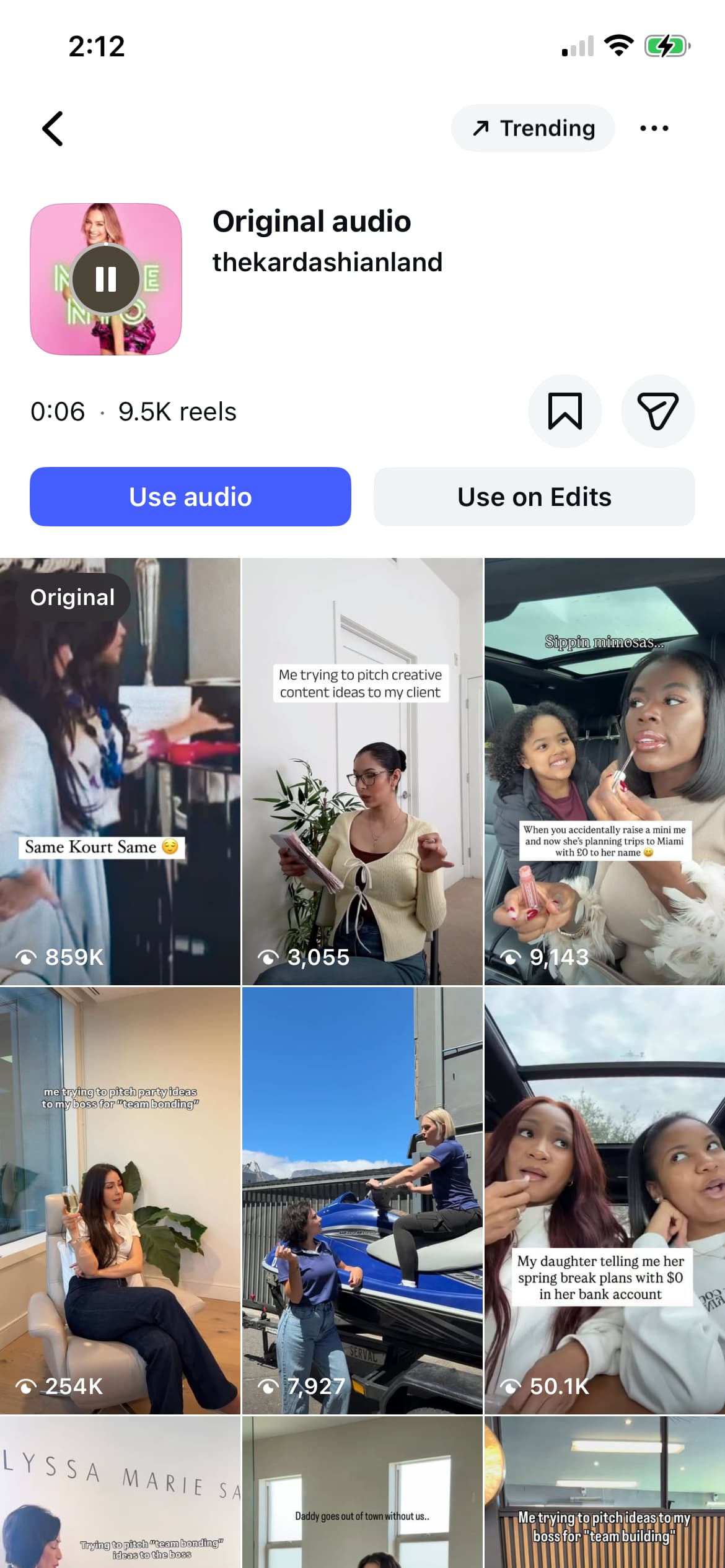 The interface in the Instagram mobile app where videos using the same audio clip pop up.