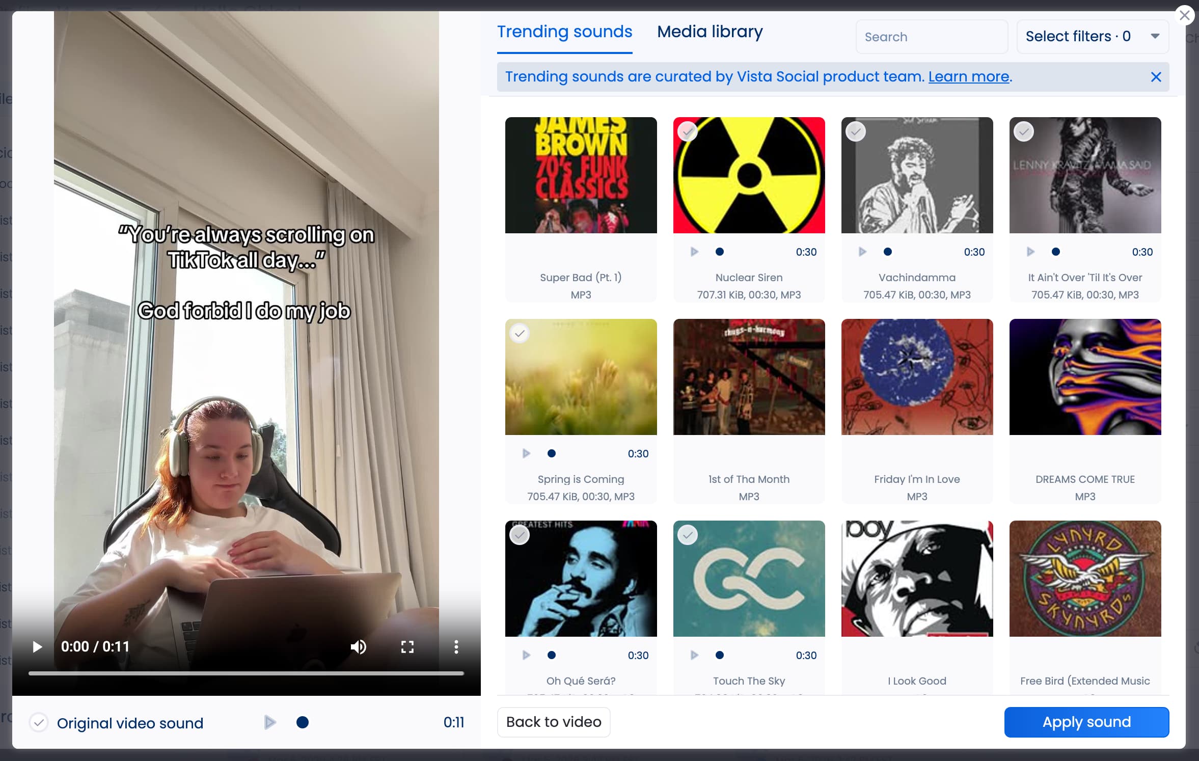 The trending sounds library available in Vista Social.