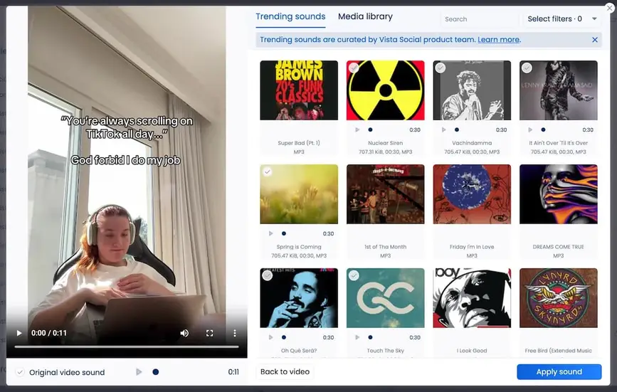 The trending sounds library available in Vista Social.