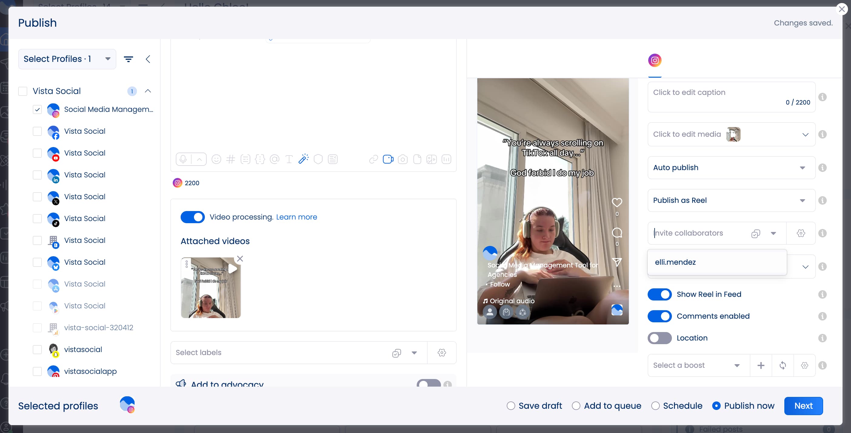 The publishing interface in Vista Social where you can invite Instagram post collaborators.