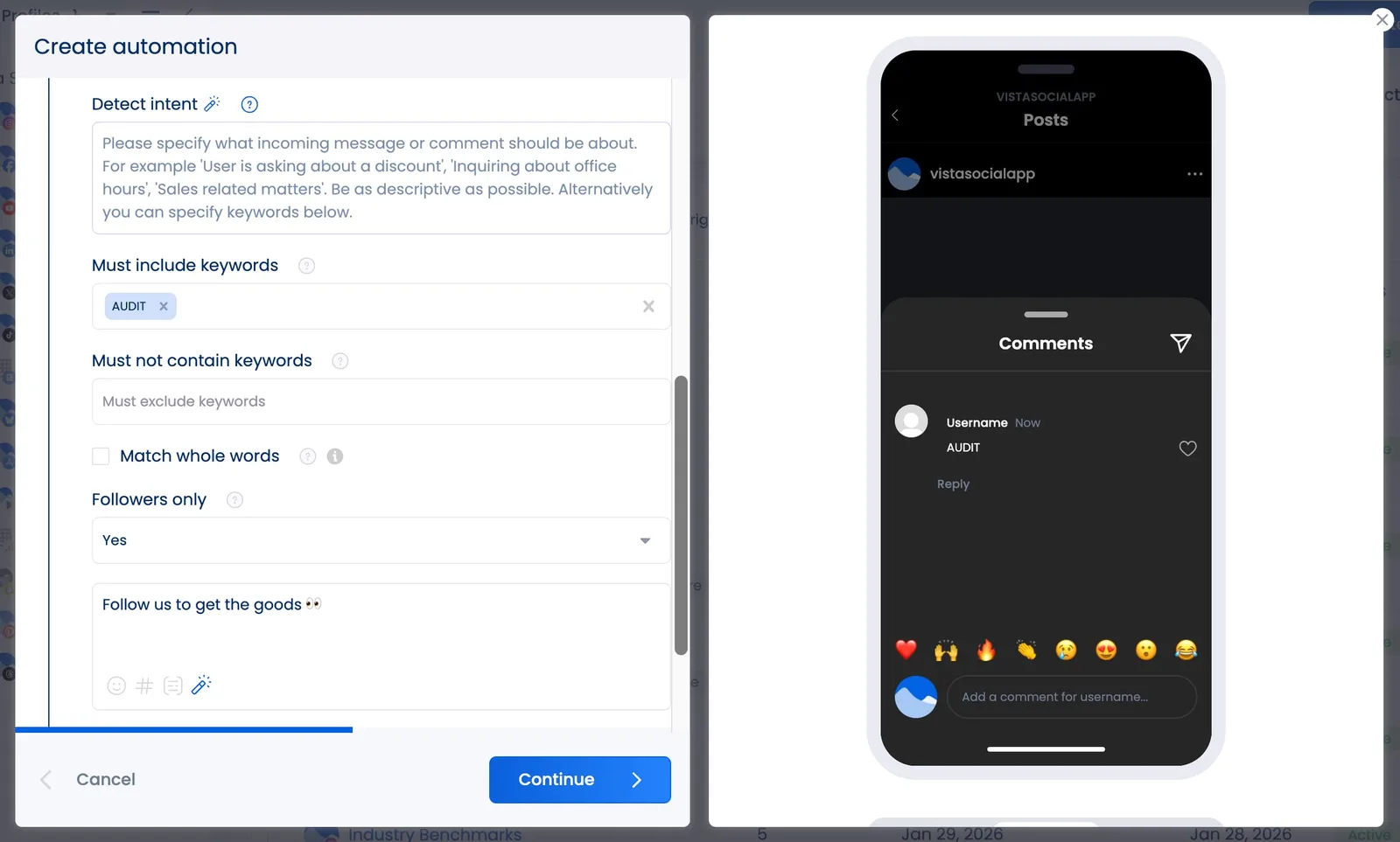The Vista Social automations interface where you can turn on "followers only" for certain automations on Instagram.