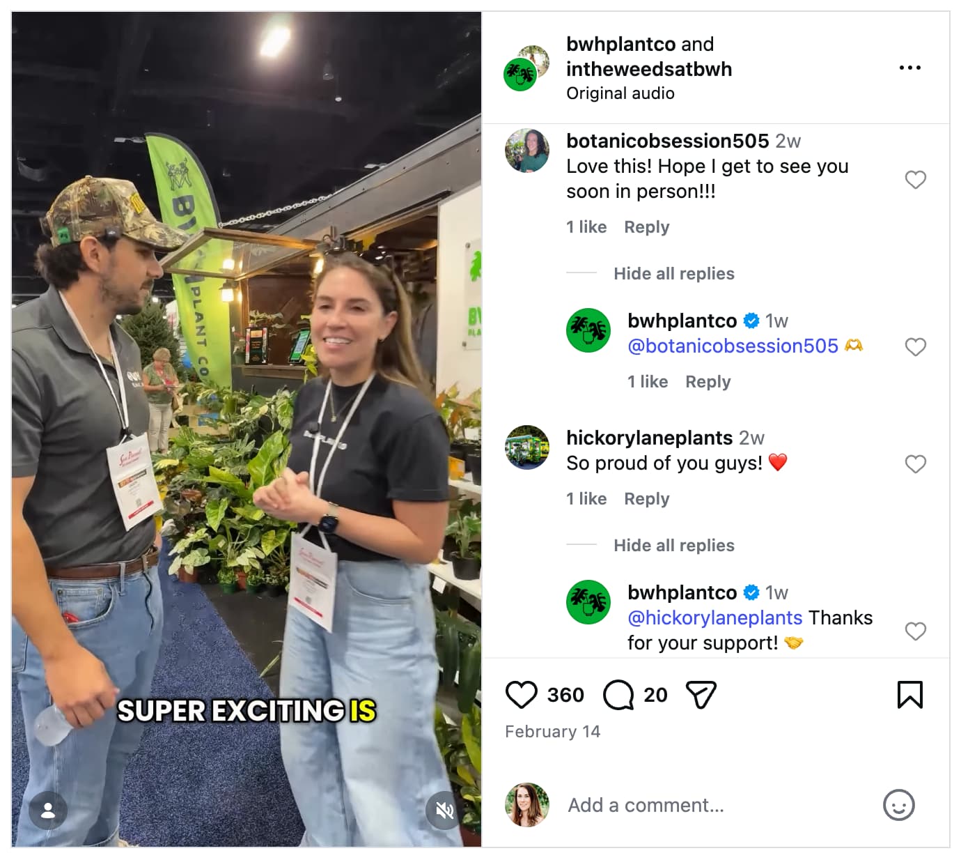 An Instagram post from @bwhplantco where their social media team is engaging with each person who commented on their post.
