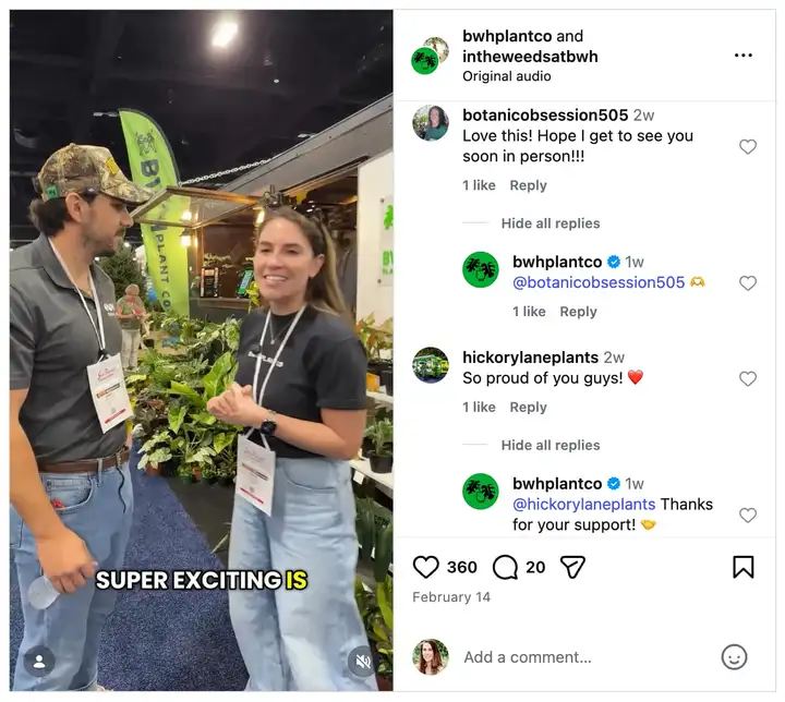 An Instagram post from @bwhplantco where their social media team is engaging with each person who commented on their post.