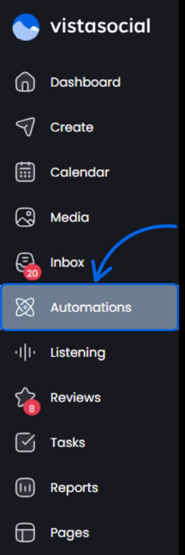 A screenshot showing where in the Vista Social menu to find Automations.