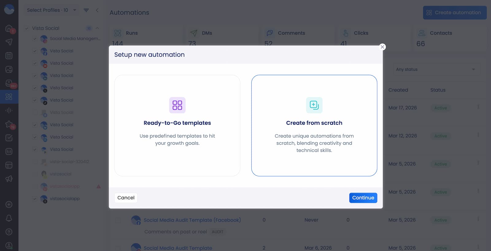 The options available when creating an automation in Vista Social—using a template or starting from scratch.