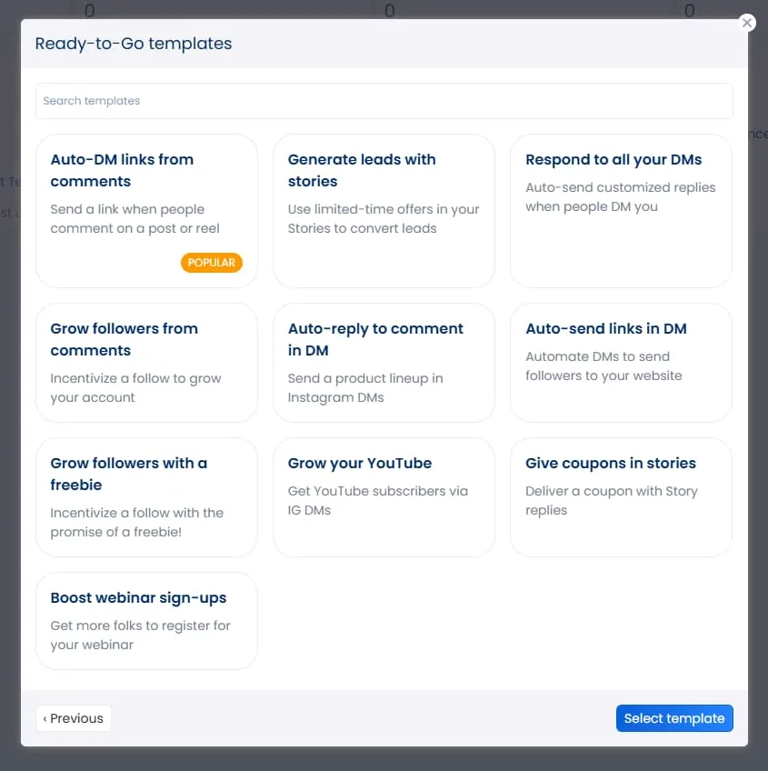 The available templates for creating DM automations in Vista Social.