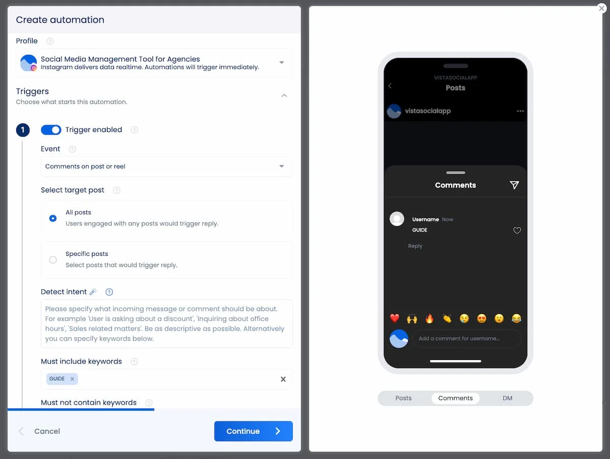 A screenshot showcasing how to set up the DM automation triggers for sending website traffic.