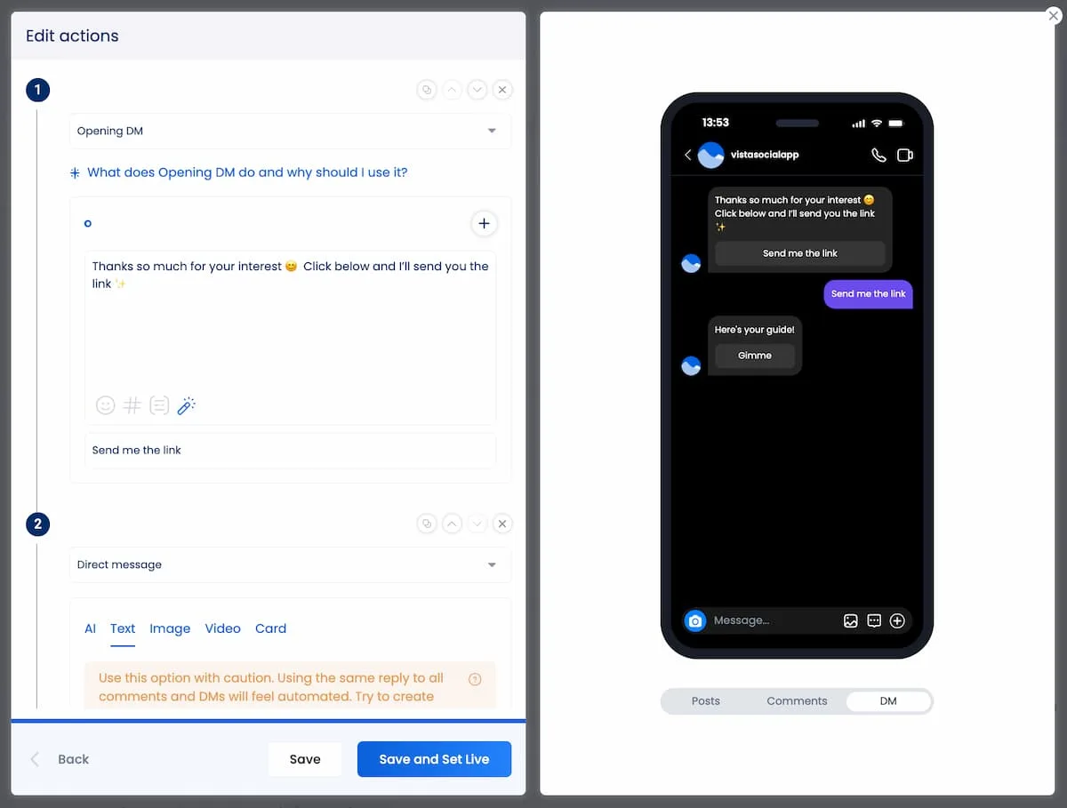 A screenshot showing the actions to set up for a DM automation meant to increase website traffic.