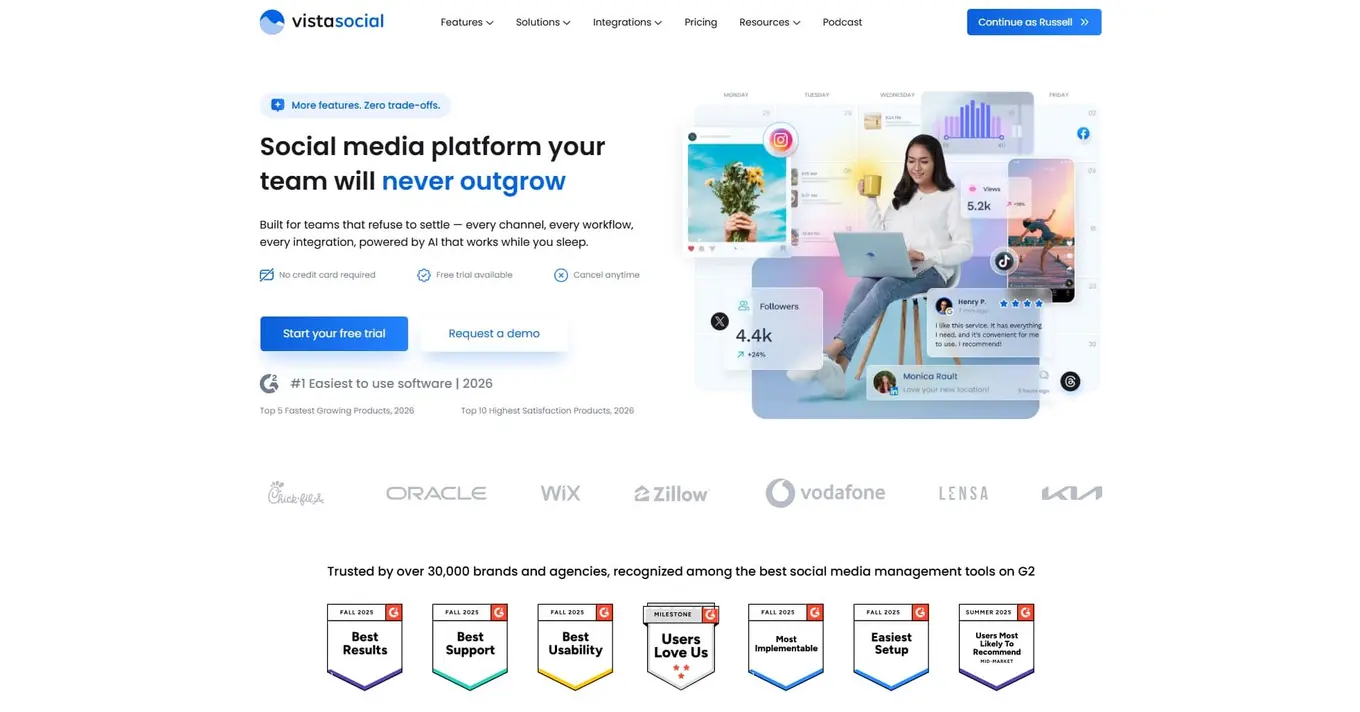 Manychat alternative Vista Social's website.