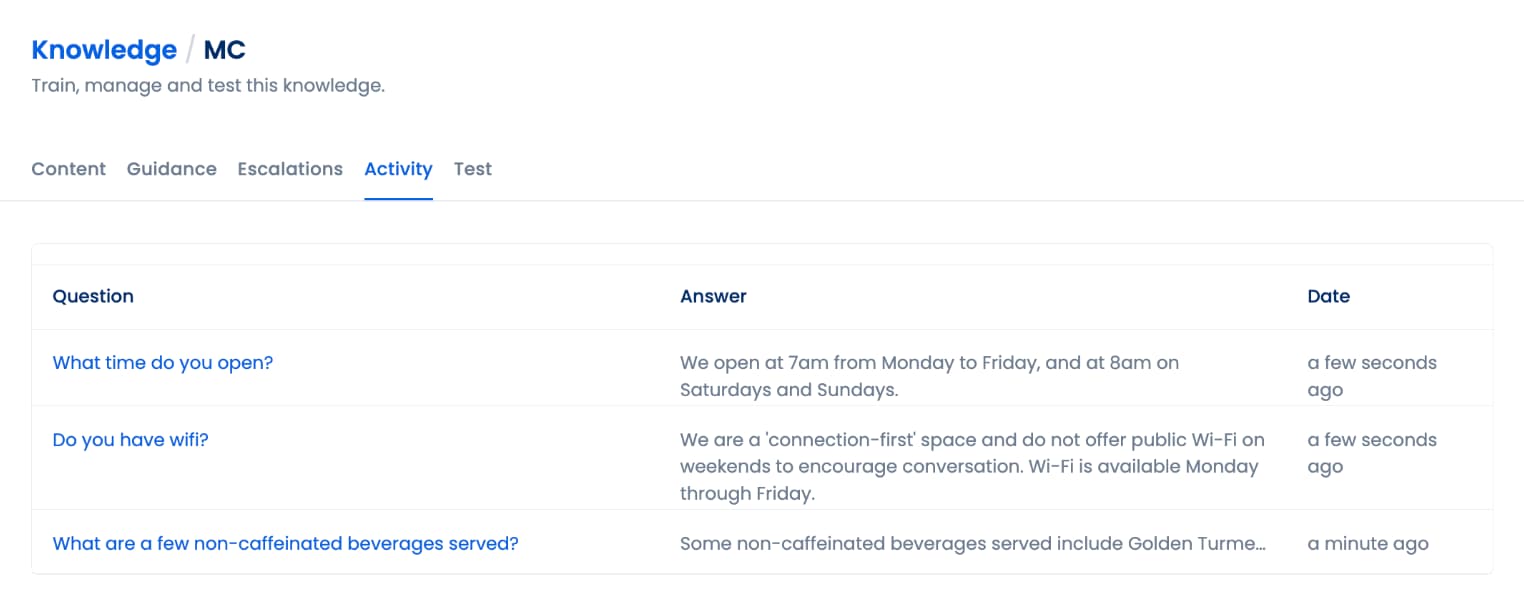 The interface where Vista Social users can view the activity (of real life messages and internal tests) of the AI chatbot responses.