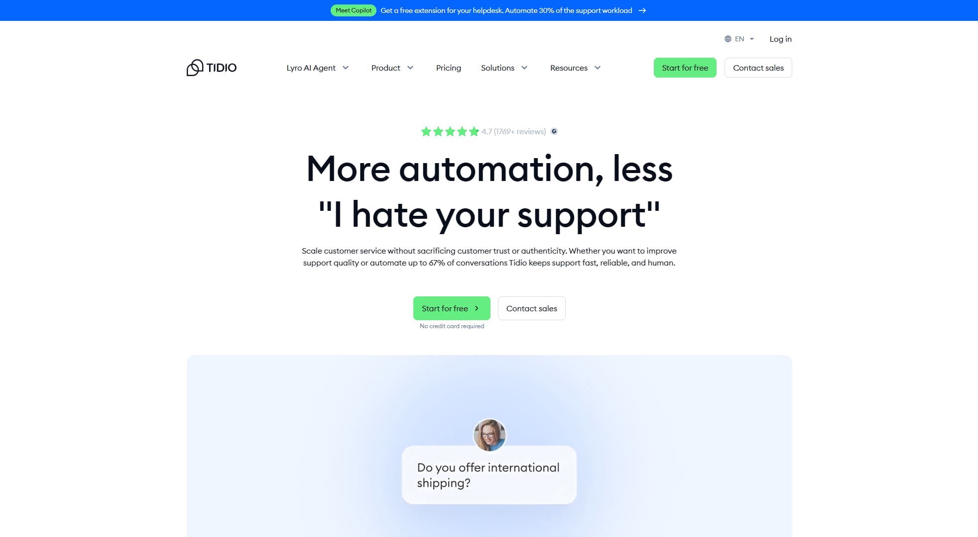 Manychat alternative Tidio's website.